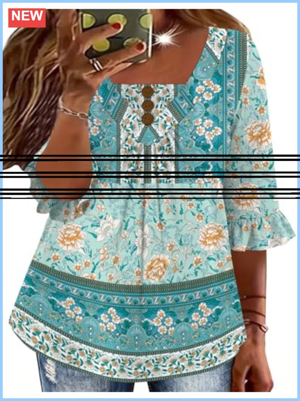 Plus Size Ruffle Sleeve Tunic Top V Neck Pleated Floral Blouse